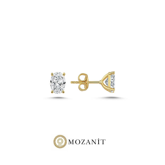 1 Karat Mozanit Oval Tektaş Gold Gümüş Küpe - 1