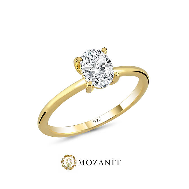 1 Karat Mozanit Oval Tektaş Gold Gümüş Yüzük - 1