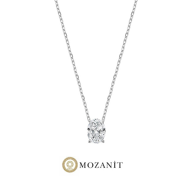 1 Karat Mozanit Oval Tektaş Gümüş Kolye - 1