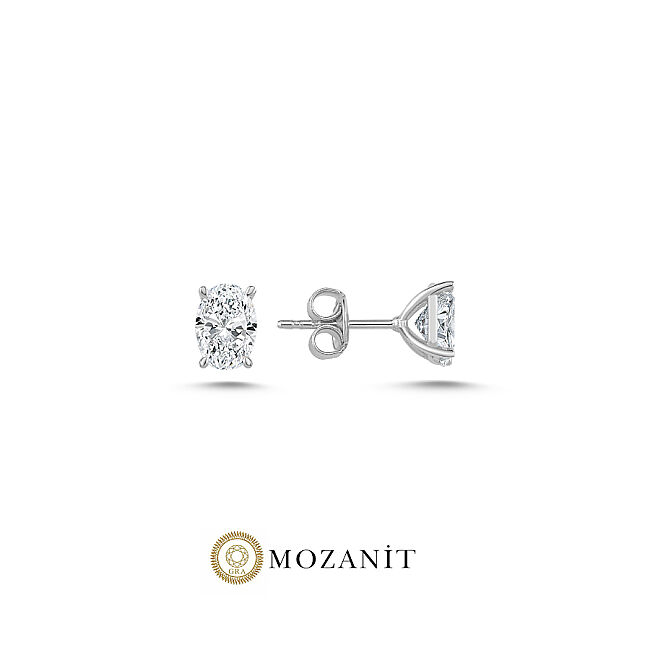 1 Karat Mozanit Oval Tektaş Gümüş Küpe - 1