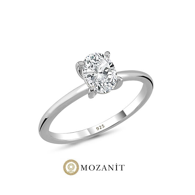 1 Karat Mozanit Oval Tektaş Gümüş Yüzük - 1