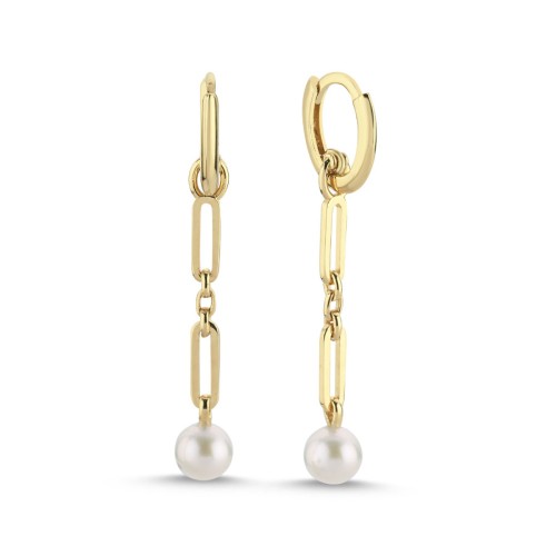 14 Ayar Altın Ataş Zincirli İnci Sallantılı Küpe - CNG Jewels