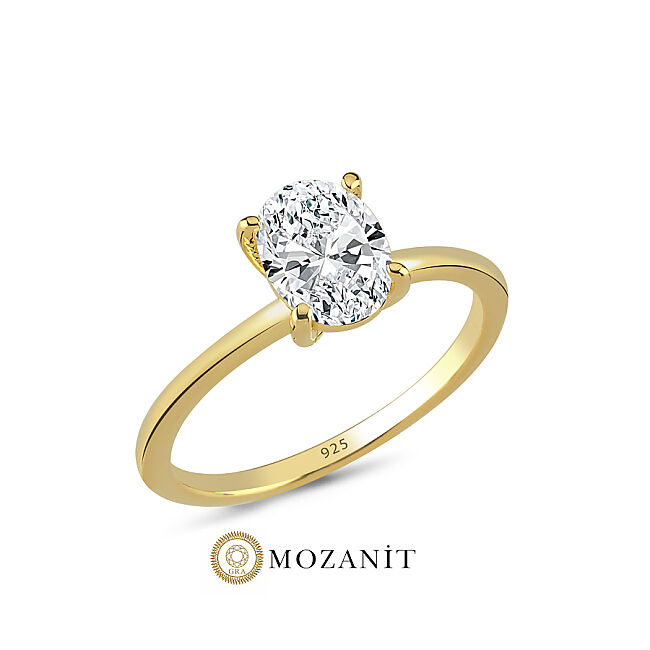 1,5 Karat Mozanit Oval Tektaş Gold Gümüş Yüzük - 1