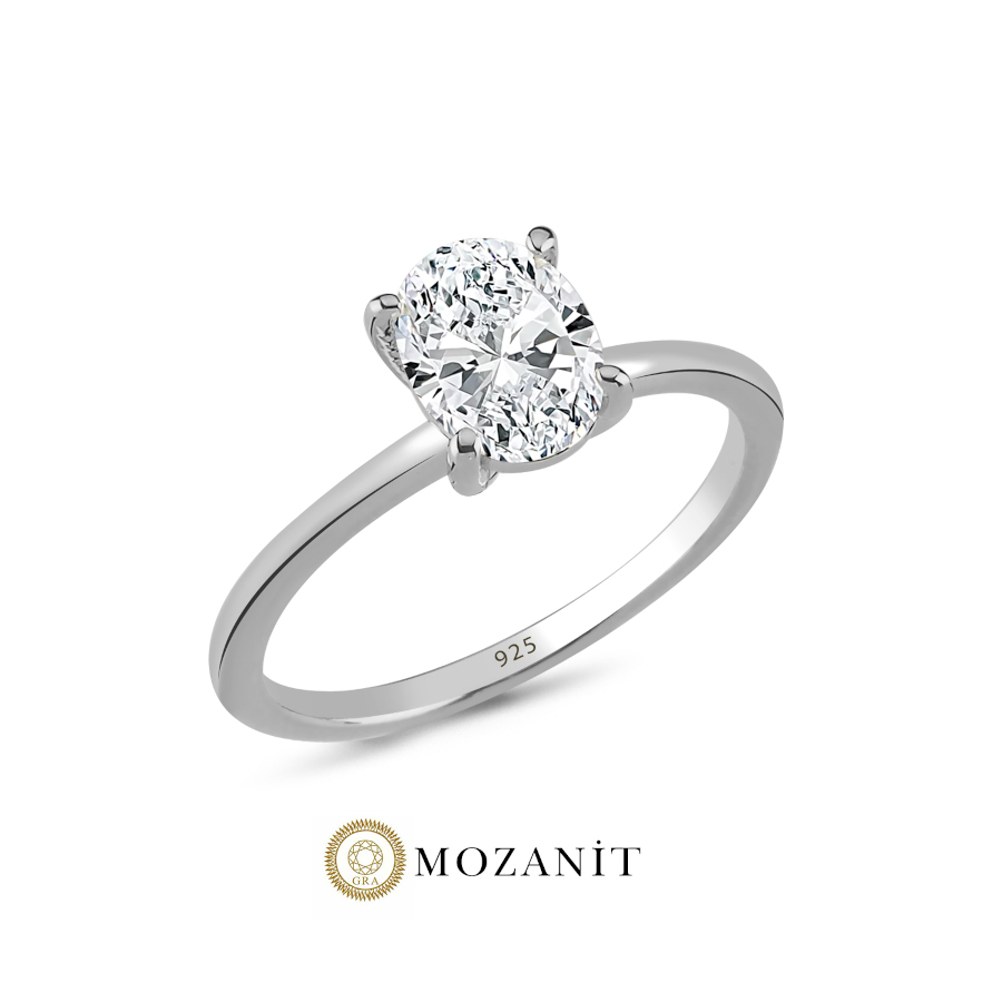 1,5 Karat Mozanit Oval Tektaş Gümüş Yüzük - CNG Jewels