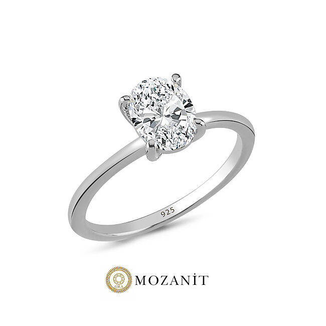 1,5 Karat Mozanit Oval Tektaş Gümüş Yüzük - 1
