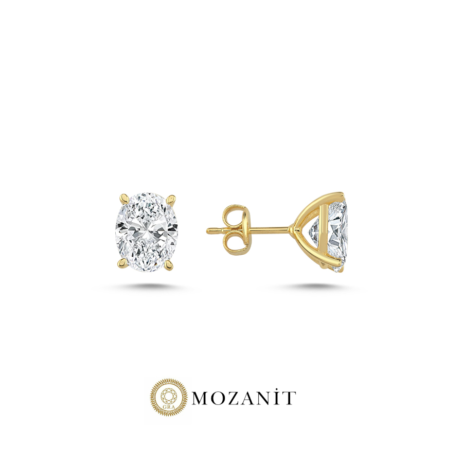 2 Karat Mozanit Oval Tektaş Gold Gümüş Küpe - CNG Jewels