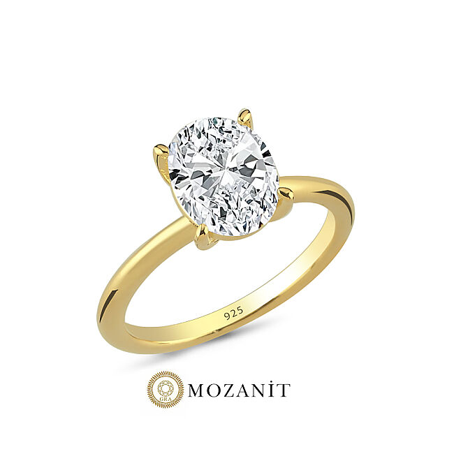 2 Karat Mozanit Oval Tektaş Gold Gümüş Yüzük - 1