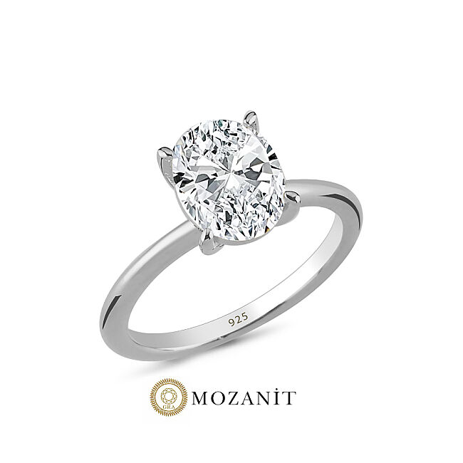 2 Karat Mozanit Oval Tektaş Gümüş Yüzük - 1