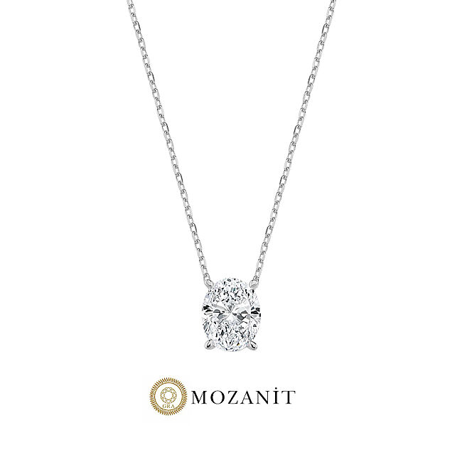 2 Karat Mozanit Oval Tektaş Gümüş Kolye - 1