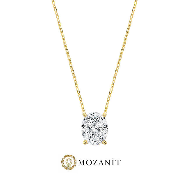 3 Karat Mozanit Oval Tektaş Gold Gümüş Kolye - 1