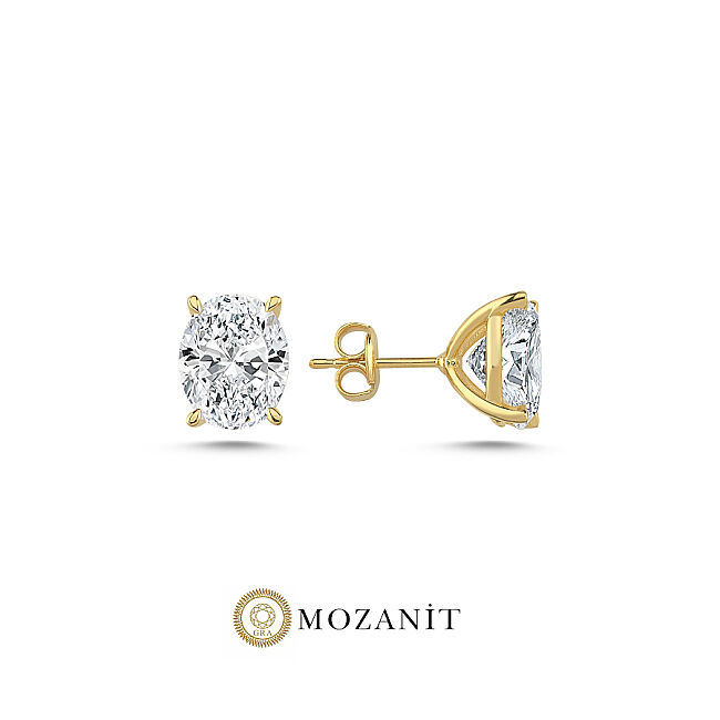3 Karat Mozanit Oval Tektaş Gold Gümüş Küpe - 1