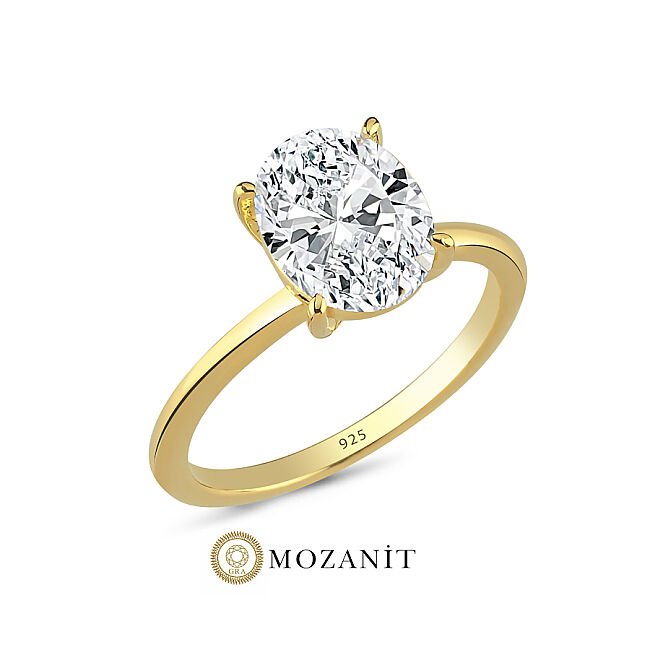 3 Karat Mozanit Oval Tektaş Gold Gümüş Yüzük - 1