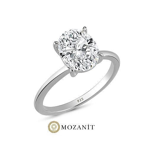 3,5 Karat Mozanit Oval Tektaş Gümüş Yüzük - CNG Jewels