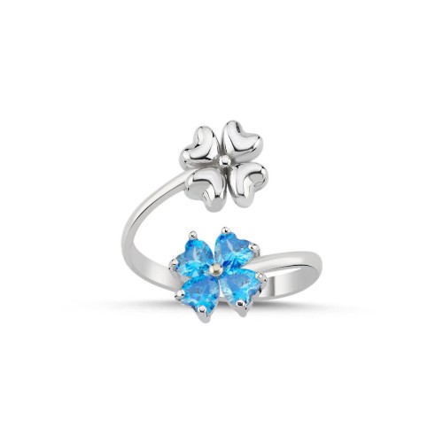 Aqua Blue Double Four Leaf Clover Silver Women's Ring - 1