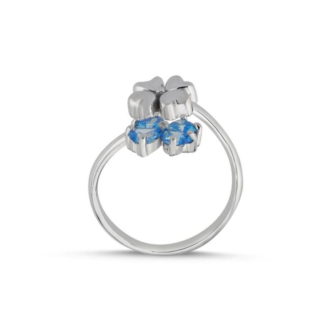 Aqua Blue Double Four Leaf Clover Silver Women's Ring - 2