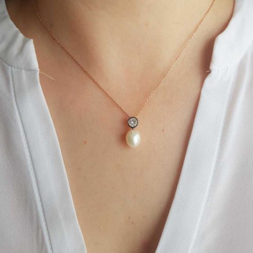 Antique Solitaire Drop Real Pearl Women's Silver Necklace - CNG Jewels