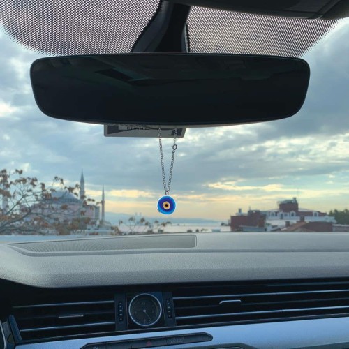 Car Mirror Ornament Double Sided Round Silver Evil Eye Bead - CNG Jewels (1)