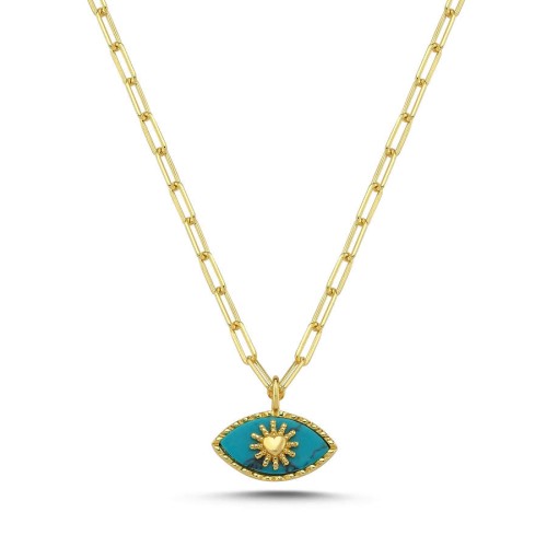 Ataş Zincirli Turkuaz Kalpli Göz Kadın Gümüş Kolye - CNG Jewels