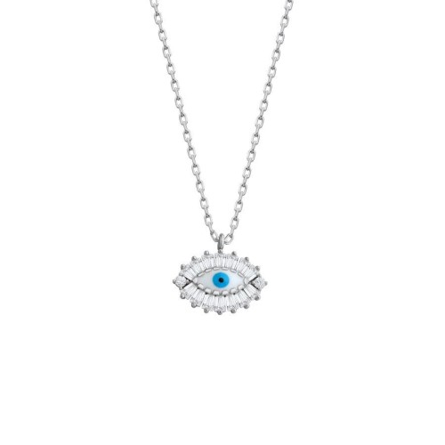 Baget Taşlı Minimal Nazar Boncuğu Kadın Gümüş Kolye - CNG Jewels