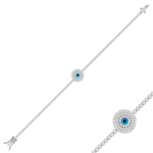Silver Waterway Bracelet with Baguette Stone and Evil Eye Beads - CNG Jewels