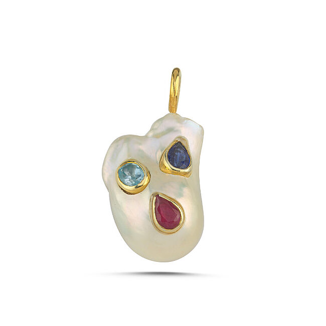 Barok İnci Kyanit Blue Topaz Yakut Taşlı Gümüş Kolye Ucu - 1