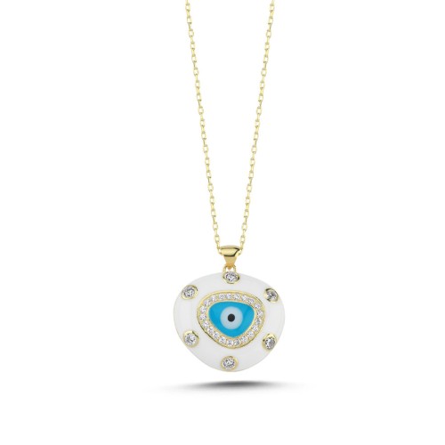 Beyaz Mavi Mineli Nazar Boncuğu Gümüş Kadın Kolye - CNG Jewels