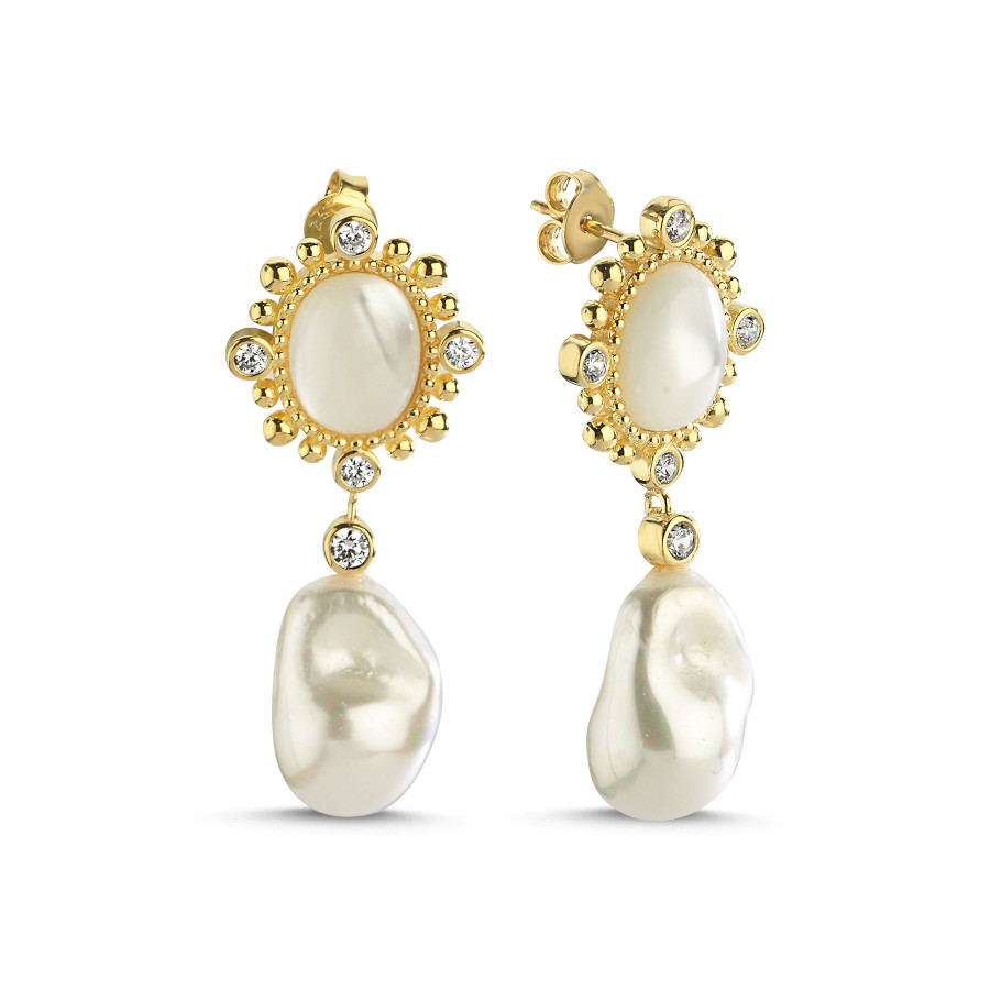 Vintage Silver Pearl Earrings with White Mother-of-Pearl Stone - CNG Jewels
