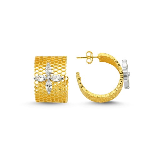 Big Marquise Roza Bee Honeycomb Gold Silver Hoop Earrings - CNG Jewels