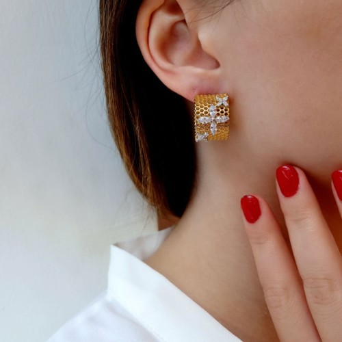 Big Tria Marquise Rosa Bee Honeycomb Gold Silver Hoop Earrings - CNG Jewels (1)