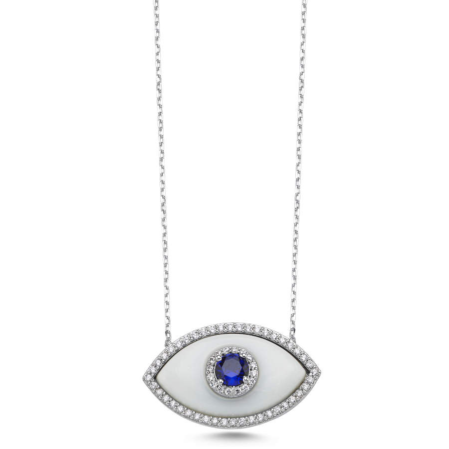 Büyük Badem Beyaz Murano Göz Kadın Gümüş Kolye - CNG Jewels