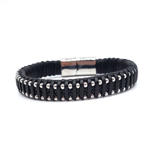 Çelik ve Siyah Şeritli Kalın Derili Erkek Bilekliği - CNG Jewels (1)