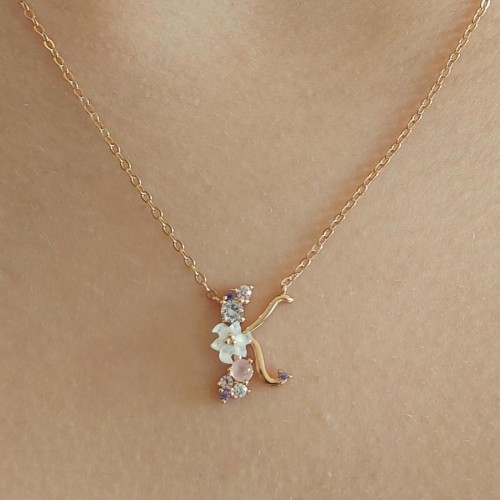 Çiçekli K Harfi Gümüş Kadın Kolye - CNG Jewels