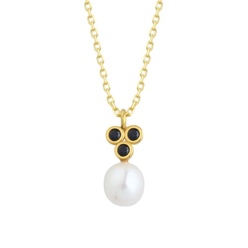 Damla Gerçek İnci Black Tria Gold Kadın Gümüş Kolye - CNG Jewels