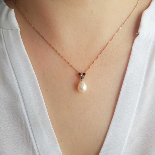 Damla Gerçek İnci Black Tria Rose Kadın Gümüş Kolye - CNG Jewels (1)