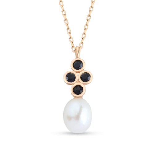 Drop Real Pearl Black Diamond Rose Women's Silver Necklace 