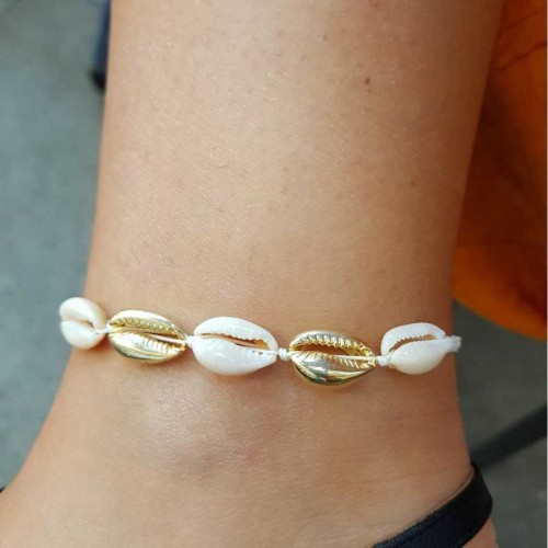 Deniz Kabuklu Sarı Altın Rengi Makrome İpli Gümüş Halhal - CNG Jewels