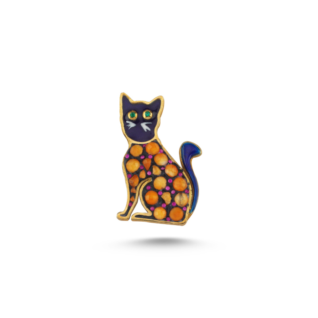 Doğal Carnelian Taşlı Kedi Gümüş Broş - 1