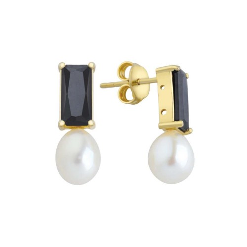 Silver Octagon Onyx Gold Drop Real Earrings - 1