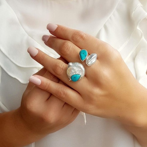 Natural Drop Turquoise Real Pearl Design Women's Silver Ring - 1