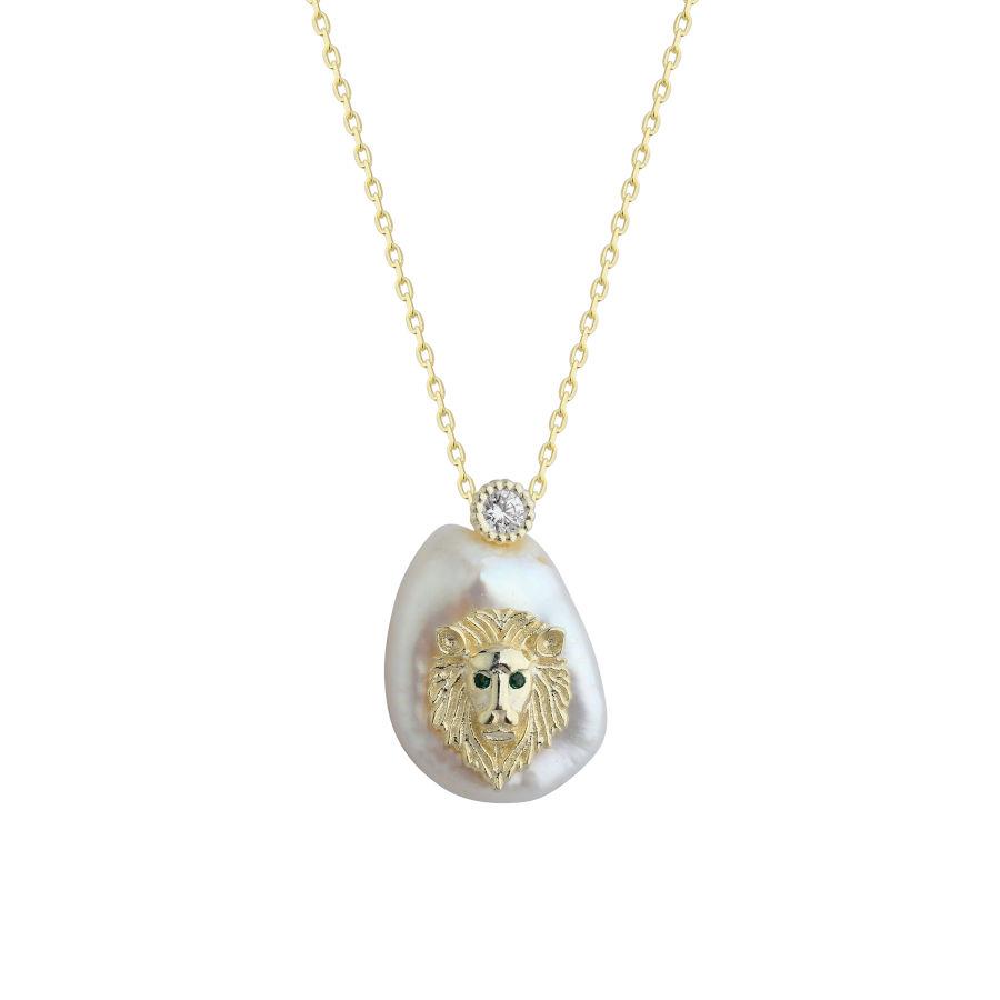 Doğal İncili Aslan Gold Gümüş Kadın Kolye - CNG Jewels