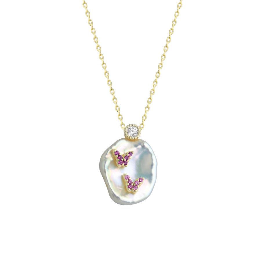 Doğal İncili Mini Pembe Kelebekler Gümüş Kadın Kolye - CNG Jewels