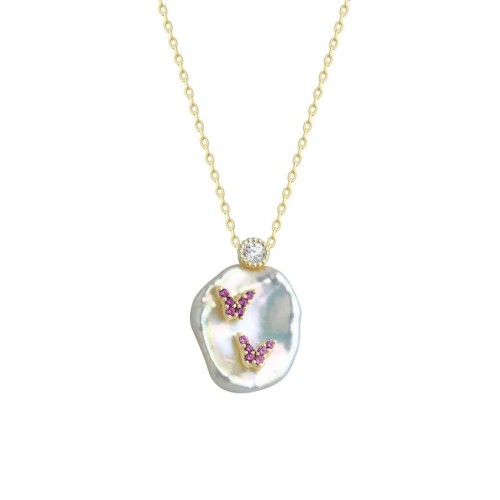 Doğal İncili Mini Pembe Kelebekler Gümüş Kadın Kolye - CNG Jewels