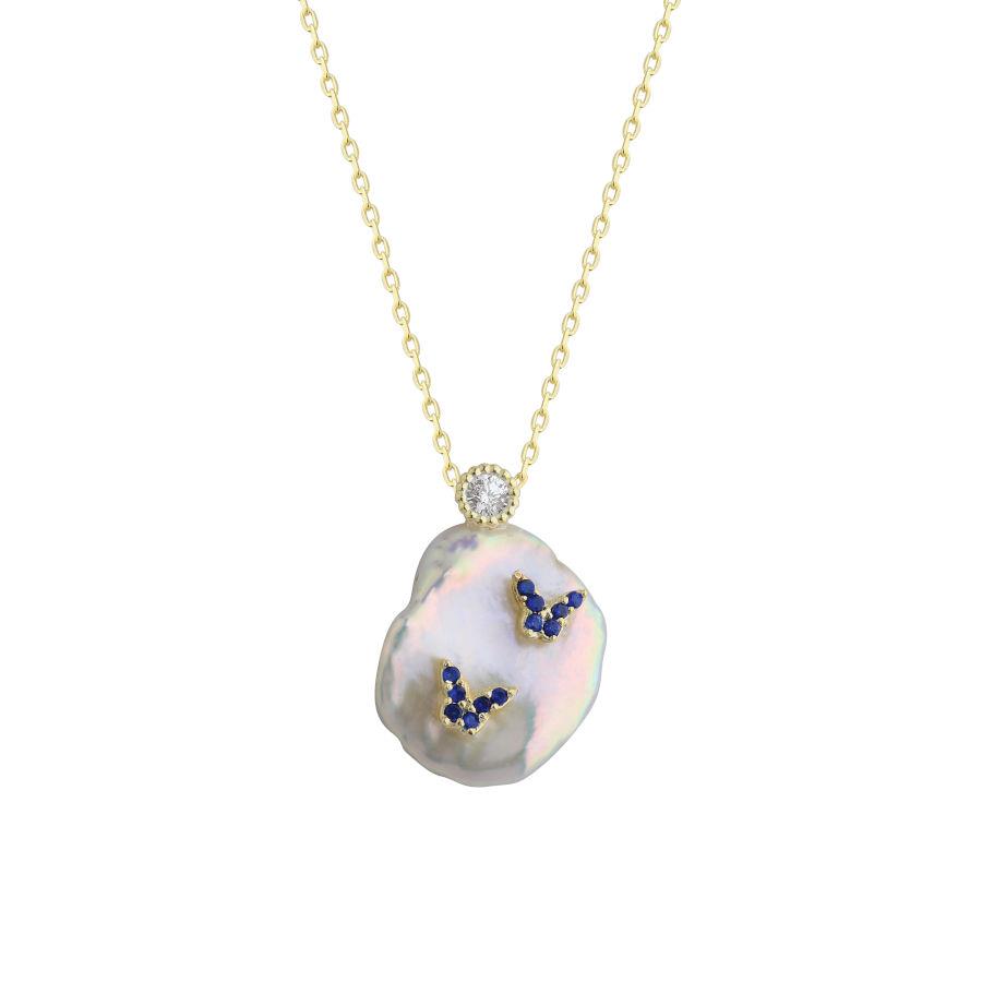 Doğal İncili Mini Mavi Kelebekler Gümüş Kadın Kolye - CNG Jewels