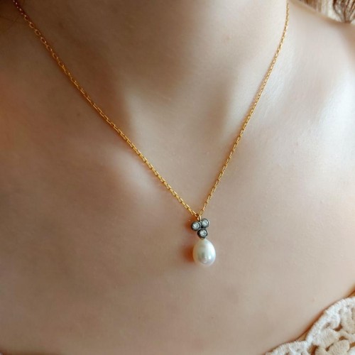 Elmas Tria Gerçek İnci Gold Kadın Gümüş Kolye - CNG Jewels (1)