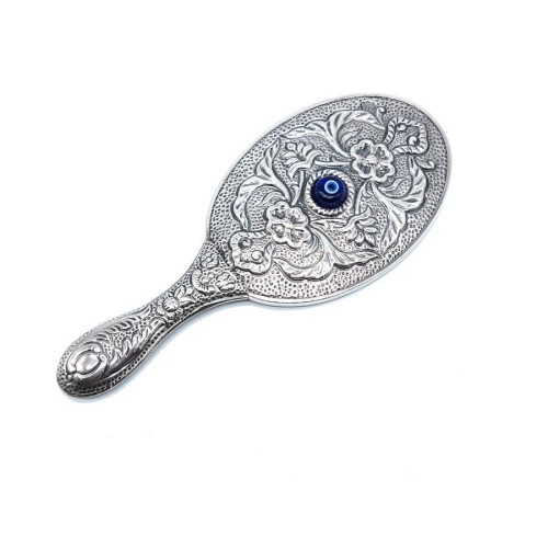 Medium Silver Hand Mirror with Evil Eye Beads - CNG Jewels
