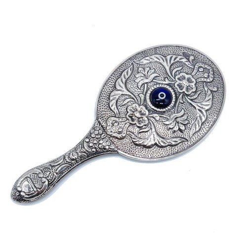 Medium-Large Silver Hand Mirror with Evil Eye Beads - CNG Jewels