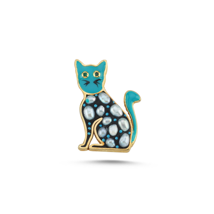 Real Pearl Enameled Cat Silver Brooch - CNG Jewels