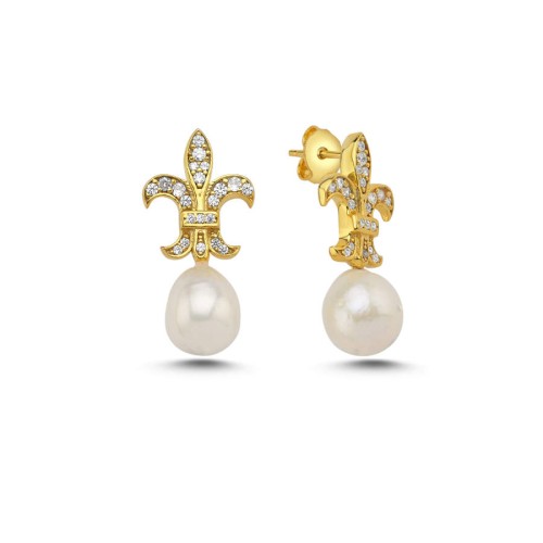 Fleur De Lis Lily Pearl Design Women's Silver Earrings - CNG Jewels