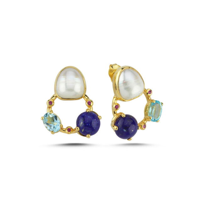 Galaksi Doğal Lapis Blue Topaz İnci Gümüş Küpe - 1