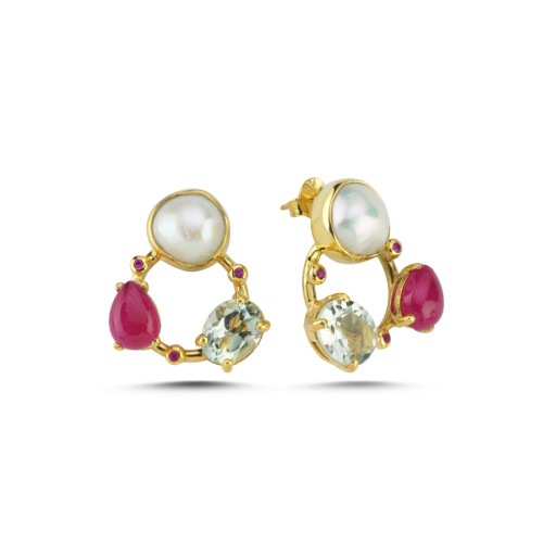 Galaxy Natural Ruby Amethyst Pearl Silver Earrings - CNG Jewels
